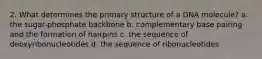 2. What determines the primary structure of a DNA molecule? a. the sugar-phosphate backbone b. complementary base pairing and the formation of hairpins c. the sequence of deoxyribonucleotides d. the sequence of ribonucleotides