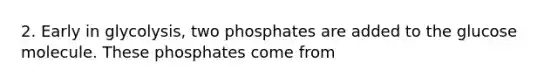 2. Early in glycolysis, two phosphates are added to the glucose molecule. These phosphates come from