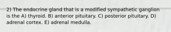 2) The endocrine gland that is a modified sympathetic ganglion is the A) thyroid. B) anterior pituitary. C) posterior pituitary. D) adrenal cortex. E) adrenal medulla.