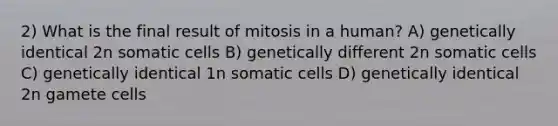 2) What is the final result of mitosis in a human? A) genetically identical 2n somatic cells B) genetically different 2n somatic cells C) genetically identical 1n somatic cells D) genetically identical 2n gamete cells