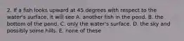 2. If a fish looks upward at 45 degrees with respect to the water's surface, it will see A. another fish in the pond. B. the bottom of the pond. C. only the water's surface. D. the sky and possibly some hills. E. none of these