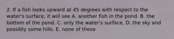 2. If a fish looks upward at 45 degrees with respect to the water's surface, it will see A. another fish in the pond. B. the bottom of the pond. C. only the water's surface. D. the sky and possibly some hills. E. none of these