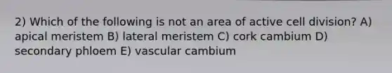 2) Which of the following is not an area of active cell division? A) apical meristem B) lateral meristem C) cork cambium D) secondary phloem E) vascular cambium