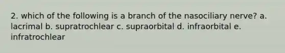 2. which of the following is a branch of the nasociliary nerve? a. lacrimal b. supratrochlear c. supraorbital d. infraorbital e. infratrochlear