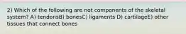 2) Which of the following are not components of the skeletal system? A) tendonsB) bonesC) ligaments D) cartilageE) other tissues that connect bones