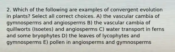 2. Which of the following are examples of convergent evolution in plants? Select all correct choices. A) the vascular cambia of gymnosperms and angiosperms B) the vascular cambia of quillworts (Isoetes) and angiosperms C) water transport in ferns and some bryophytes D) the leaves of lycophytes and gymnosperms E) pollen in angiosperms and gymnosperms