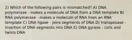 2) Which of the following pairs is mismatched? A) DNA polymerase - makes a molecule of DNA from a DNA template B) RNA polymerase - makes a molecule of RNA from an RNA template C) DNA ligase - joins segments of DNA D) transposase - insertion of DNA segments into DNA E) DNA gyrase - coils and twists DNA