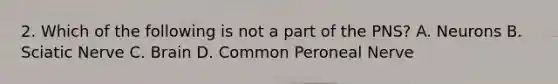 2. Which of the following is not a part of the PNS? A. Neurons B. Sciatic Nerve C. Brain D. Common Peroneal Nerve