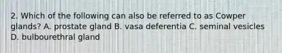 2. Which of the following can also be referred to as Cowper glands? A. prostate gland B. vasa deferentia C. seminal vesicles D. bulbourethral gland