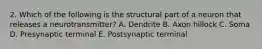 2. Which of the following is the structural part of a neuron that releases a neurotransmitter? A. Dendrite B. Axon hillock C. Soma D. Presynaptic terminal E. Postsynaptic terminal