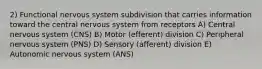 2) Functional nervous system subdivision that carries information toward the central nervous system from receptors A) Central nervous system (CNS) B) Motor (efferent) division C) Peripheral nervous system (PNS) D) Sensory (afferent) division E) Autonomic nervous system (ANS)