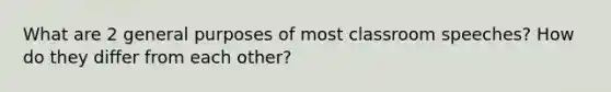 What are 2 general purposes of most classroom speeches? How do they differ from each other?