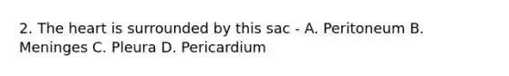 2. <a href='https://www.questionai.com/knowledge/kya8ocqc6o-the-heart' class='anchor-knowledge'>the heart</a> is surrounded by this sac - A. Peritoneum B. Meninges C. Pleura D. Pericardium