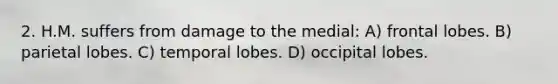 2. H.M. suffers from damage to the medial: A) frontal lobes. B) parietal lobes. C) temporal lobes. D) occipital lobes.