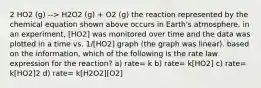 2 HO2 (g) --> H2O2 (g) + O2 (g) the reaction represented by the chemical equation shown above occurs in Earth's atmosphere. in an experiment, [HO2] was monitored over time and the data was plotted in a time vs. 1/[HO2] graph (the graph was linear). based on the information, which of the following is the rate law expression for the reaction? a) rate= k b) rate= k[HO2] c) rate= k[HO2]2 d) rate= k[H2O2][O2]