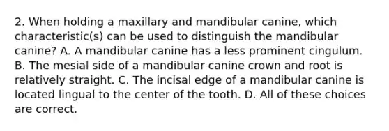 2. When holding a maxillary and mandibular canine, which characteristic(s) can be used to distinguish the mandibular canine? A. A mandibular canine has a less prominent cingulum. B. The mesial side of a mandibular canine crown and root is relatively straight. C. The incisal edge of a mandibular canine is located lingual to the center of the tooth. D. All of these choices are correct.