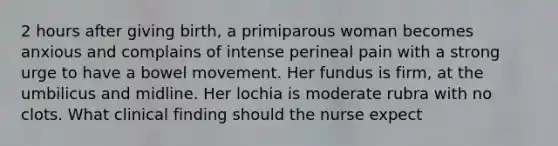 2 hours after giving birth, a primiparous woman becomes anxious and complains of intense perineal pain with a strong urge to have a bowel movement. Her fundus is firm, at the umbilicus and midline. Her lochia is moderate rubra with no clots. What clinical finding should the nurse expect