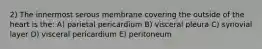 2) The innermost serous membrane covering the outside of the heart is the: A) parietal pericardium B) visceral pleura C) synovial layer D) visceral pericardium E) peritoneum