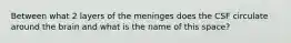 Between what 2 layers of the meninges does the CSF circulate around the brain and what is the name of this space?