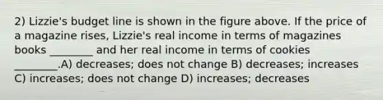 2) Lizzie's budget line is shown in the figure above. If the price of a magazine rises, Lizzie's real income in terms of magazines books ________ and her real income in terms of cookies ________.A) decreases; does not change B) decreases; increases C) increases; does not change D) increases; decreases