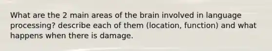 What are the 2 main areas of the brain involved in language processing? describe each of them (location, function) and what happens when there is damage.