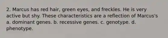 2. Marcus has red hair, green eyes, and freckles. He is very active but shy. These characteristics are a reflection of Marcus's a. dominant genes. b. recessive genes. c. genotype. d. phenotype.