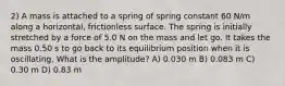 2) A mass is attached to a spring of spring constant 60 N/m along a horizontal, frictionless surface. The spring is initially stretched by a force of 5.0 N on the mass and let go. It takes the mass 0.50 s to go back to its equilibrium position when it is oscillating. What is the amplitude? A) 0.030 m B) 0.083 m C) 0.30 m D) 0.83 m