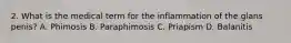 2. What is the medical term for the inflammation of the glans penis? A. Phimosis B. Paraphimosis C. Priapism D. Balanitis