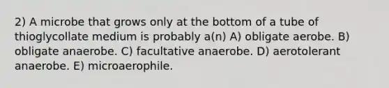 2) A microbe that grows only at the bottom of a tube of thioglycollate medium is probably a(n) A) obligate aerobe. B) obligate anaerobe. C) facultative anaerobe. D) aerotolerant anaerobe. E) microaerophile.