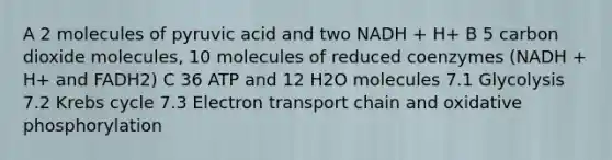 A 2 molecules of pyruvic acid and two NADH + H+ B 5 carbon dioxide molecules, 10 molecules of reduced coenzymes (NADH + H+ and FADH2) C 36 ATP and 12 H2O molecules 7.1 Glycolysis 7.2 Krebs cycle 7.3 Electron transport chain and oxidative phosphorylation