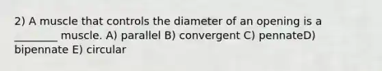 2) A muscle that controls the diameter of an opening is a ________ muscle. A) parallel B) convergent C) pennateD) bipennate E) circular