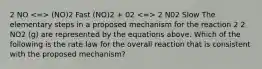 2 NO (NO)2 Fast (NO)2 + 02 2 N02 Slow The elementary steps in a proposed mechanism for the reaction 2 2 NO2 (g) are represented by the equations above. Which of the following is the rate law for the overall reaction that is consistent with the proposed mechanism?