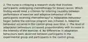 2. The nurse is critiquing a research study that involves participants undergoing chemotherapy for breast cancer. Which finding would meet a criterion for inferring causality between performance of exercise and adaptive behaviour of the participants receiving chemotherapy? a. Adaptation behaviour began before the exercise program was initiated. b. Adaptive behaviour occurred in the control group over time. c. The level of adaptation behaviours increased proportionately with increase in the intensity of the exercise. d. No differences in adaptation behaviours were observed between participants in the experimental group and participants in the control group.