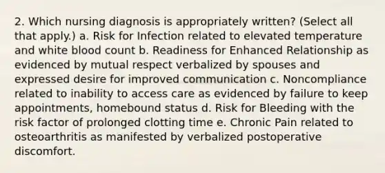 2. Which nursing diagnosis is appropriately written? (Select all that apply.) a. Risk for Infection related to elevated temperature and white blood count b. Readiness for Enhanced Relationship as evidenced by mutual respect verbalized by spouses and expressed desire for improved communication c. Noncompliance related to inability to access care as evidenced by failure to keep appointments, homebound status d. Risk for Bleeding with the risk factor of prolonged clotting time e. Chronic Pain related to osteoarthritis as manifested by verbalized postoperative discomfort.