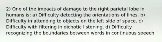 2) One of the impacts of damage to the right parietal lobe in humans is: a) Difficulty detecting the orientations of lines. b) Difficulty in attending to objects on the left side of space. c) Difficulty with filtering in dichotic listening. d) Difficulty recognizing the boundaries between words in continuous speech