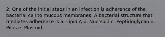 2. One of the initial steps in an infection is adherence of the bacterial cell to mucous membranes. A bacterial structure that mediates adherence is a. Lipid A b. Nucleoid c. Peptidoglycan d. Pilus e. Plasmid