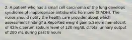 2. A patient who has a small cell carcinoma of the lung develops syndrome of inappropriate antidiuretic hormone (SIADH). The nurse should notify the health care provider about which assessment finding? a.Reported weight gain b.Serum hematocrit of 42% c.Serum sodium level of 120 mg/dL d.Total urinary output of 280 mL during past 8 hours