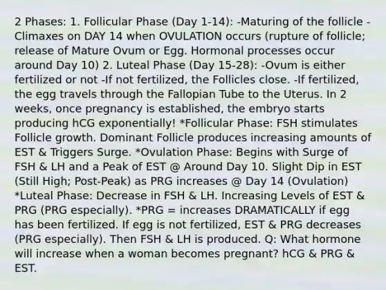 2 Phases: 1. Follicular Phase (Day 1-14): -Maturing of the follicle -Climaxes on DAY 14 when OVULATION occurs (rupture of follicle; release of Mature Ovum or Egg. Hormonal processes occur around Day 10) 2. Luteal Phase (Day 15-28): -Ovum is either fertilized or not -If not fertilized, the Follicles close. -If fertilized, the egg travels through the Fallopian Tube to the Uterus. In 2 weeks, once pregnancy is established, the embryo starts producing hCG exponentially! *Follicular Phase: FSH stimulates Follicle growth. Dominant Follicle produces increasing amounts of EST & Triggers Surge. *Ovulation Phase: Begins with Surge of FSH & LH and a Peak of EST @ Around Day 10. Slight Dip in EST (Still High; Post-Peak) as PRG increases @ Day 14 (Ovulation) *Luteal Phase: Decrease in FSH & LH. Increasing Levels of EST & PRG (PRG especially). *PRG = increases DRAMATICALLY if egg has been fertilized. If egg is not fertilized, EST & PRG decreases (PRG especially). Then FSH & LH is produced. Q: What hormone will increase when a woman becomes pregnant? hCG & PRG & EST.