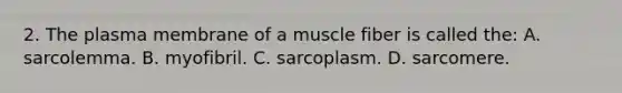 2. The plasma membrane of a muscle fiber is called the: A. sarcolemma. B. myofibril. C. sarcoplasm. D. sarcomere.