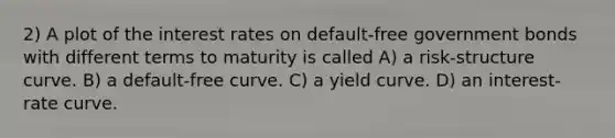 2) A plot of the interest rates on default-free government bonds with different terms to maturity is called A) a risk-structure curve. B) a default-free curve. C) a yield curve. D) an interest-rate curve.