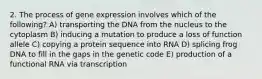 2. The process of gene expression involves which of the following? A) transporting the DNA from the nucleus to the cytoplasm B) inducing a mutation to produce a loss of function allele C) copying a protein sequence into RNA D) splicing frog DNA to fill in the gaps in the genetic code E) production of a functional RNA via transcription