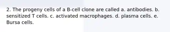 2. The progeny cells of a B-cell clone are called a. antibodies. b. sensitized T cells. c. activated macrophages. d. plasma cells. e. Bursa cells.