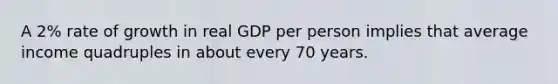 A 2% rate of growth in real GDP per person implies that average income quadruples in about every 70 years.