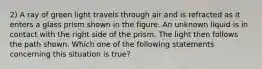 2) A ray of green light travels through air and is refracted as it enters a glass prism shown in the figure. An unknown liquid is in contact with the right side of the prism. The light then follows the path shown. Which one of the following statements concerning this situation is true?