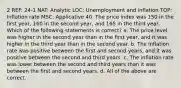 2 REF: 24-1 NAT: Analytic LOC: Unemployment and inflation TOP: Inflation rate MSC: Applicative 40. The price index was 150 in the first year, 160 in the second year, and 165 in the third year. Which of the following statements is correct? a. The price level was higher in the second year than in the first year, and it was higher in the third year than in the second year. b. The inflation rate was positive between the first and second years, and it was positive between the second and third years. c. The inflation rate was lower between the second and third years than it was between the first and second years. d. All of the above are correct.