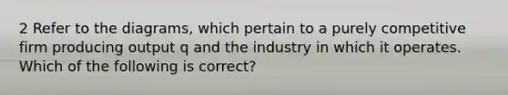 2 Refer to the diagrams, which pertain to a purely competitive firm producing output q and the industry in which it operates. Which of the following is correct?