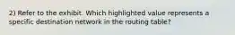 2) Refer to the exhibit. Which highlighted value represents a specific destination network in the routing table?