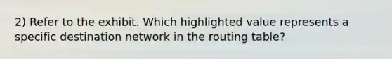 2) Refer to the exhibit. Which highlighted value represents a specific destination network in the routing table?