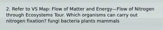 2. Refer to VS Map: Flow of Matter and Energy—Flow of Nitrogen through Ecosystems Tour. Which organisms can carry out nitrogen fixation? fungi bacteria plants mammals