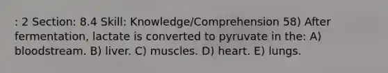 : 2 Section: 8.4 Skill: Knowledge/Comprehension 58) After fermentation, lactate is converted to pyruvate in the: A) bloodstream. B) liver. C) muscles. D) heart. E) lungs.